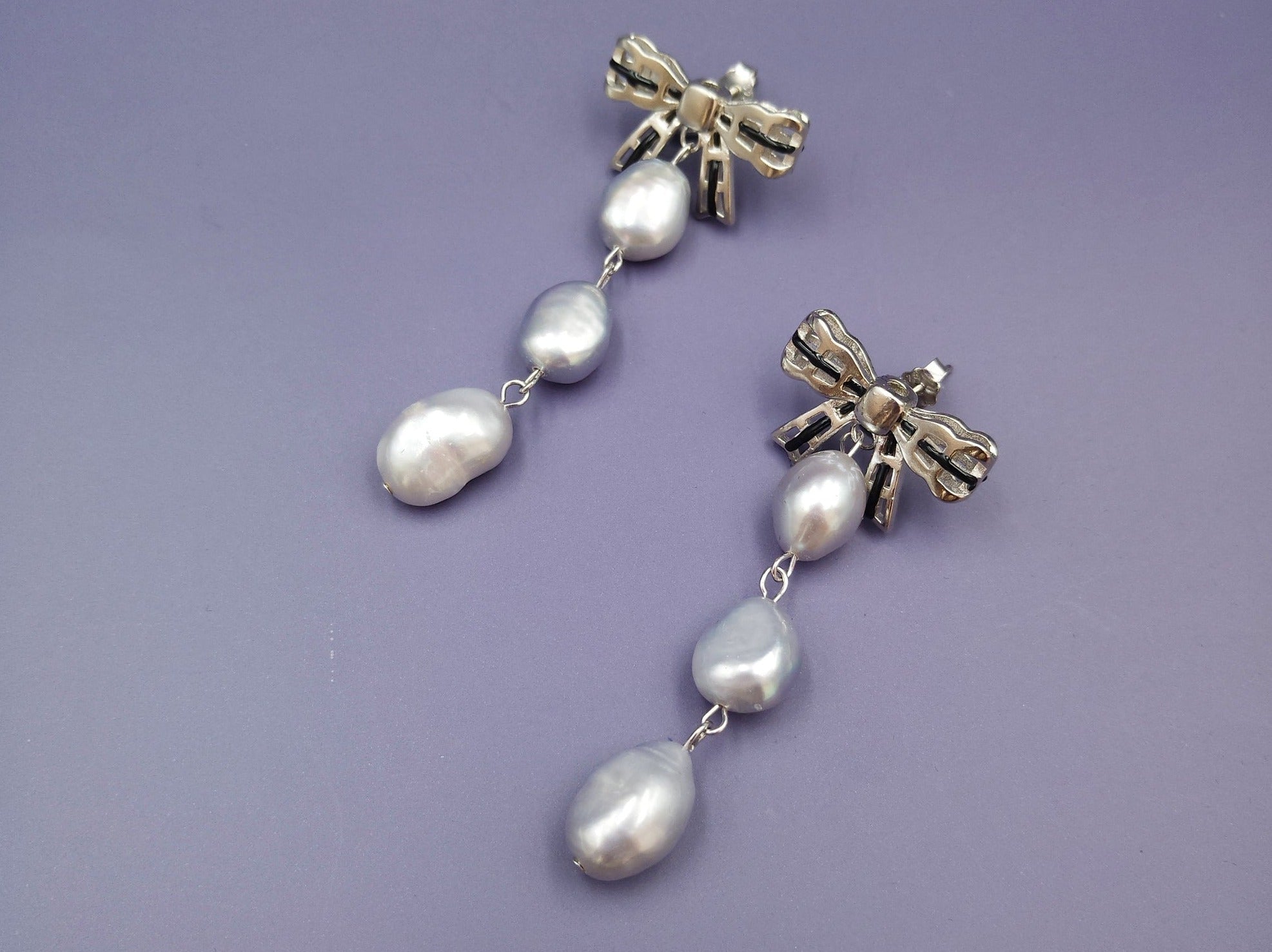 Woven Ribbon Long Pearl Earrings