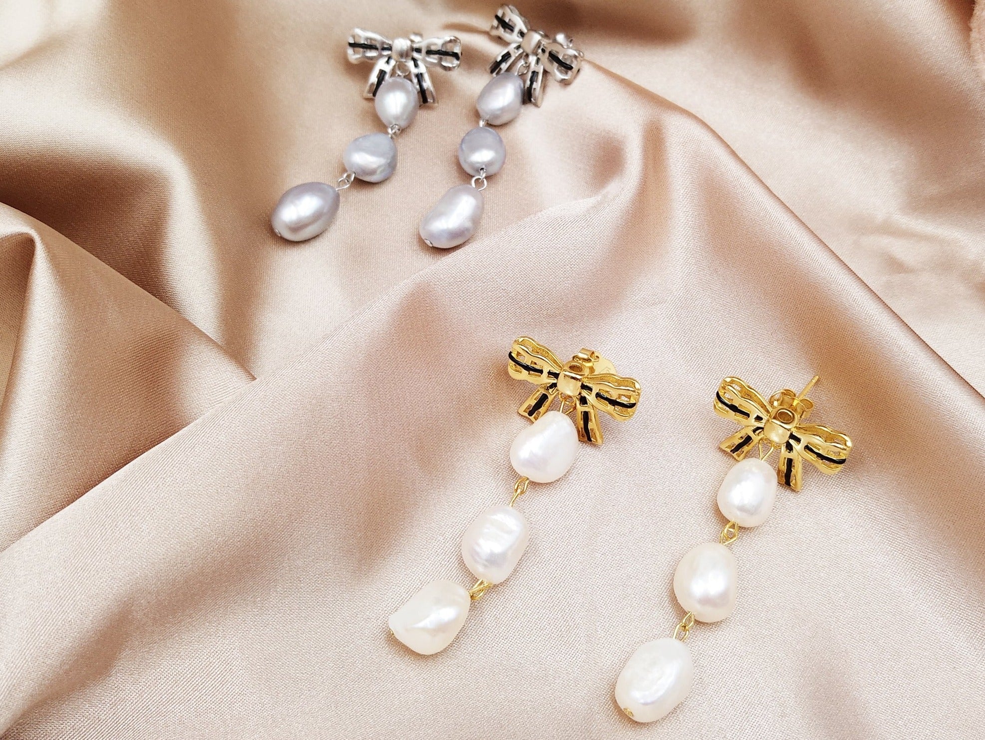 Woven Ribbon Long Pearl Earrings